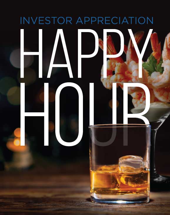 Investor Appreciation Happy Hour image of bourbon and shrimp cocktail